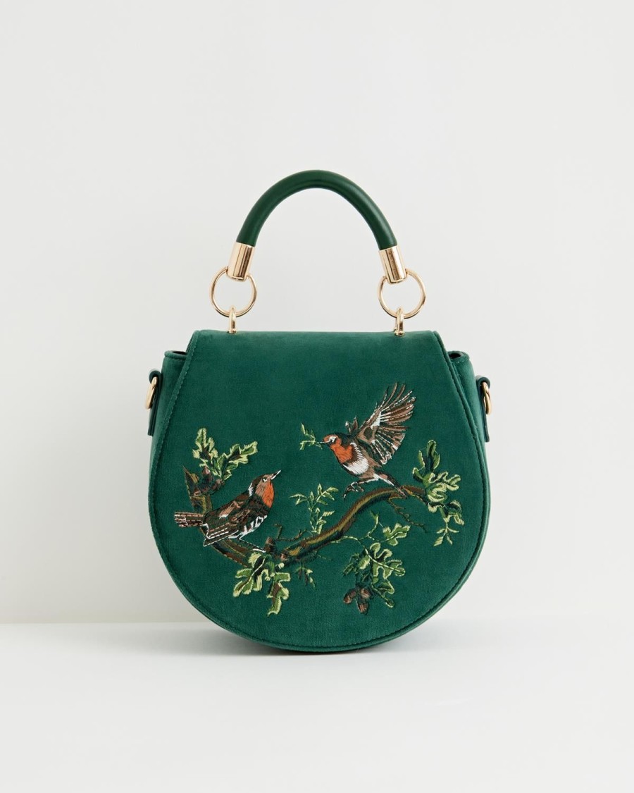 Handtasker Fable England | Robin Love Broderet Sadeltaske Fern Green Velvet