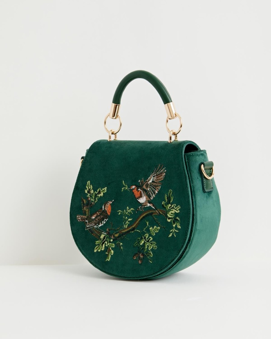 Handtasker Fable England | Robin Love Broderet Sadeltaske Fern Green Velvet