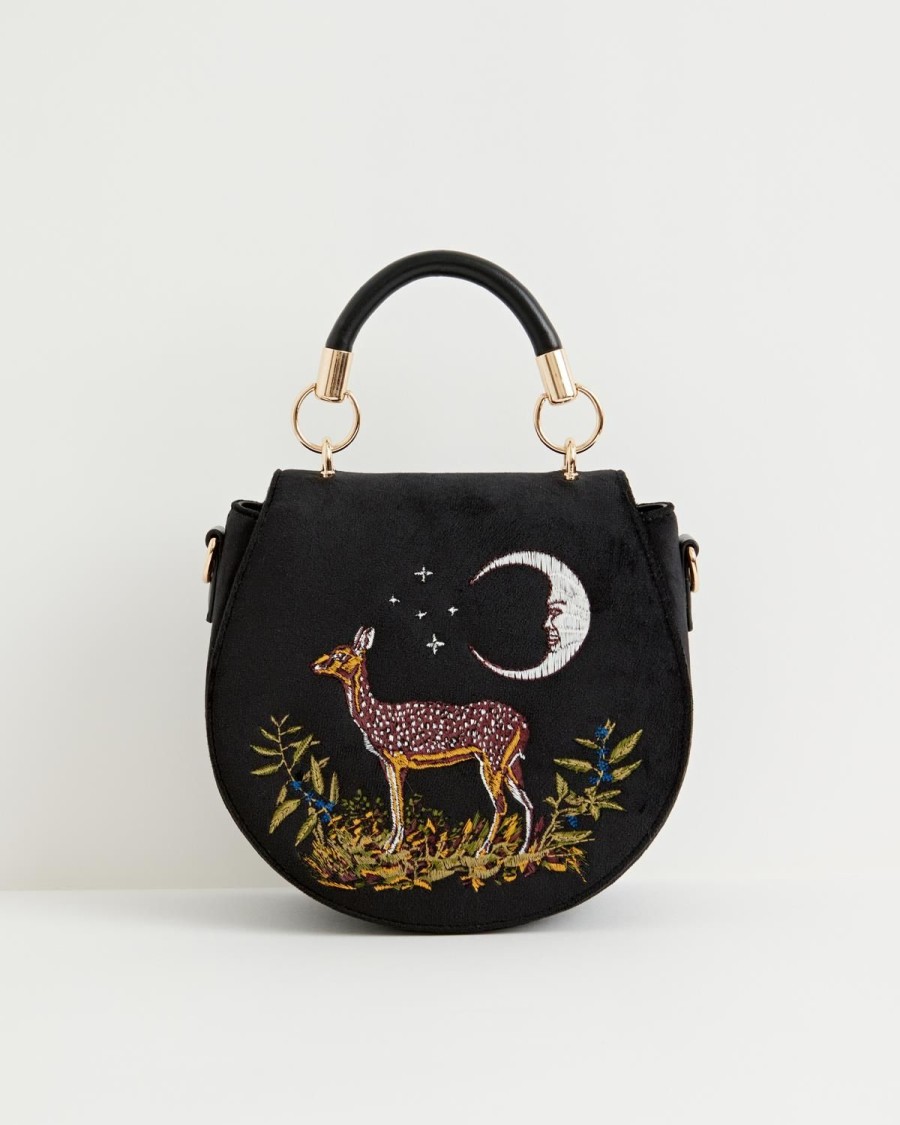 Handtasker Fable England | Deer & Moon Broderet Sadeltaske Sort Flojl