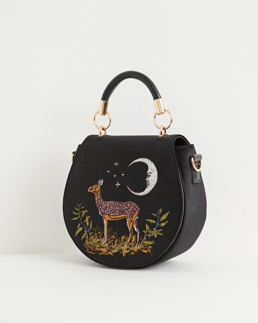 Handtasker Fable England | Deer & Moon Broderet Sadeltaske Sort Flojl