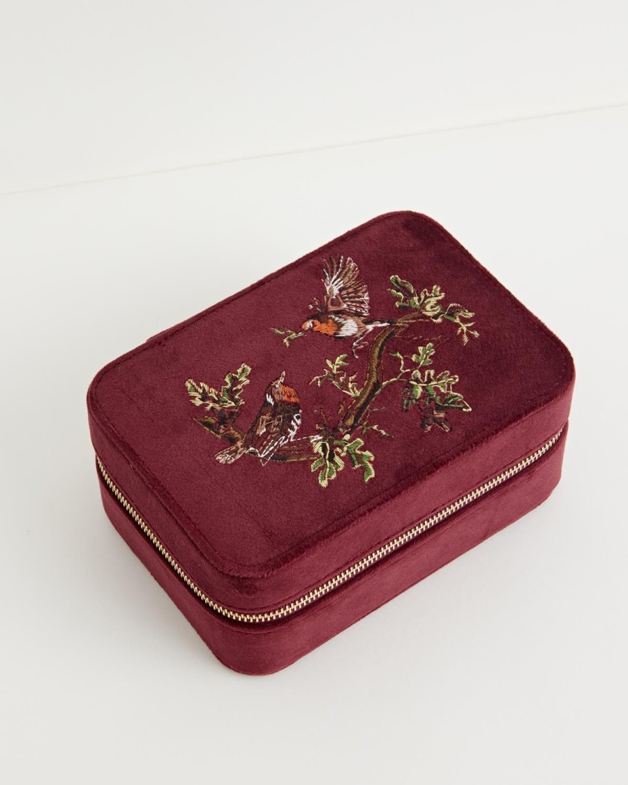 Smykker Fable England | Robin Love Broderet Stort Smykkeskrin Redcurrant Velvet